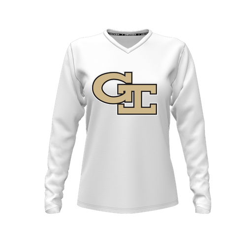 [CUS-DFW-TEES-CMF-VNK-LSL-WHT-FYXS-LOGO3] Comfort T-Shirt (Female Youth XS, White, V Neck, Logo 3, Long Sleeve)