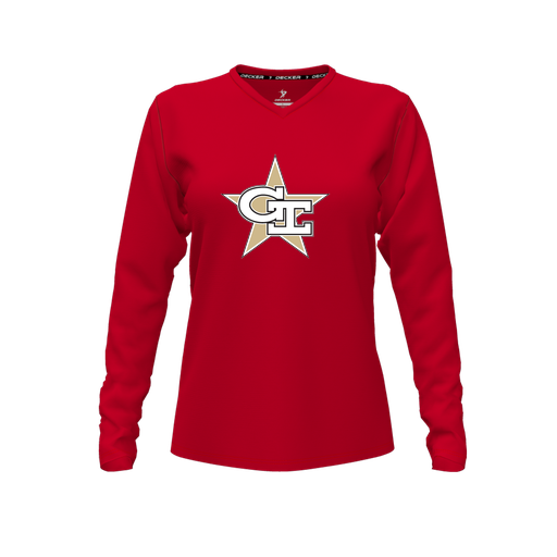 [CUS-DFW-TEES-PER-VNK-LSL-RED-FYXS-LOGO2] Performance T-Shirt (Female Youth XS, Red, V Neck, Logo 2, Long Sleeve)
