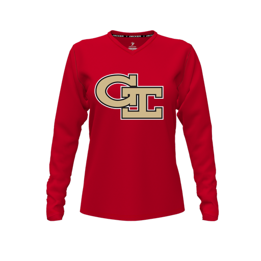 [CUS-DFW-TEES-PER-VNK-LSL-RED-FYXS-LOGO3] Performance T-Shirt (Female Youth XS, Red, V Neck, Logo 3, Long Sleeve)