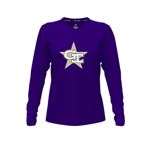 [CUS-DFW-TEES-PER-VNK-LSL-PUR-FYXS-LOGO2] Performance T-Shirt (Female Youth XS, Purple, V Neck, Logo 2, Long Sleeve)